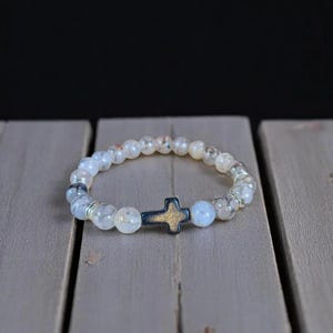 Gray Smoke Beaded Cross Stretch Bracelet-UNISEX - - LadybugfeetDesigns -