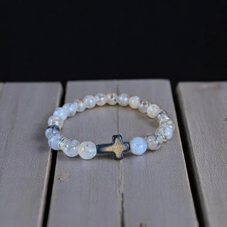 Gray Smoke Beaded Cross Stretch Bracelet-UNISEX - - LadybugfeetDesigns -