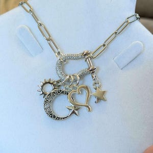 Celestial Crescent Moon and Heart Shackle Clasp Carabiner Necklace, Silver - Adjusts up to 20 inches - - LadybugfeetDesigns -