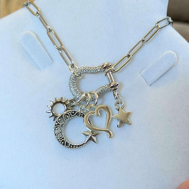 Celestial Crescent Moon and Heart Shackle Clasp Carabiner Necklace, Silver - Adjusts up to 20 inches - - LadybugfeetDesigns -
