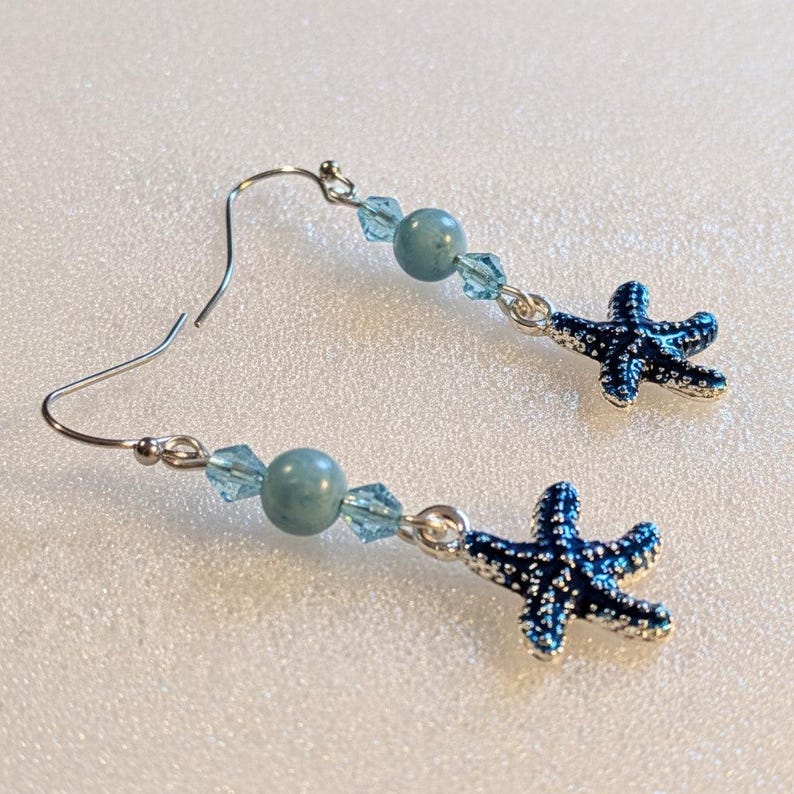 Blue Starfish Larimar Beaded Hook Earrings, Silver - - LadybugfeetDesigns -