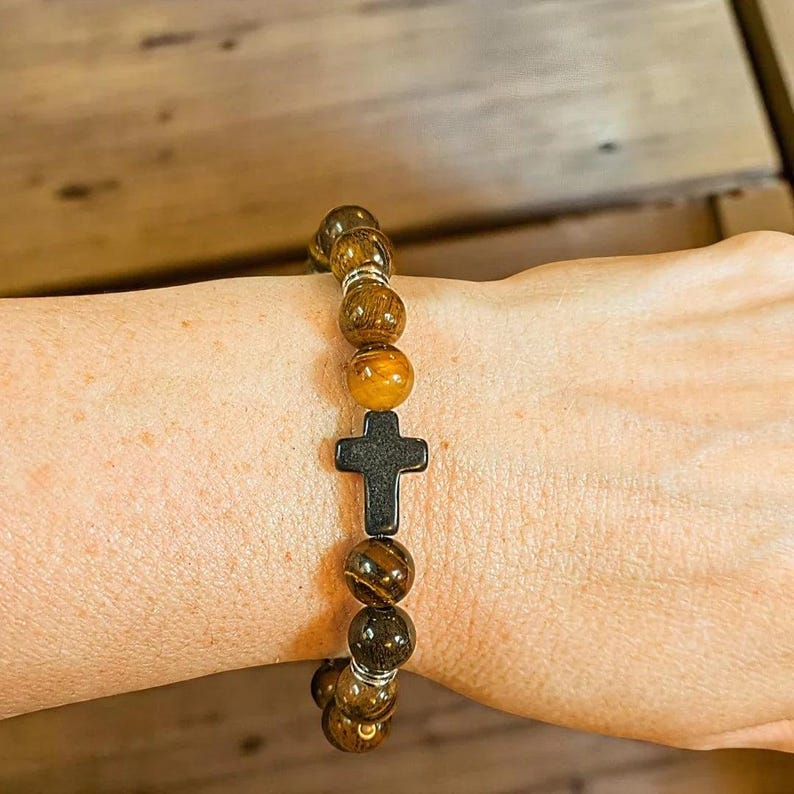 Tiger's Eye Beaded Cross Stretch Bracelet-UNISEX - - LadybugfeetDesigns -