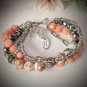 Peach Dream Crystal Beaded layered cuff bracelet - - LadybugfeetDesigns -