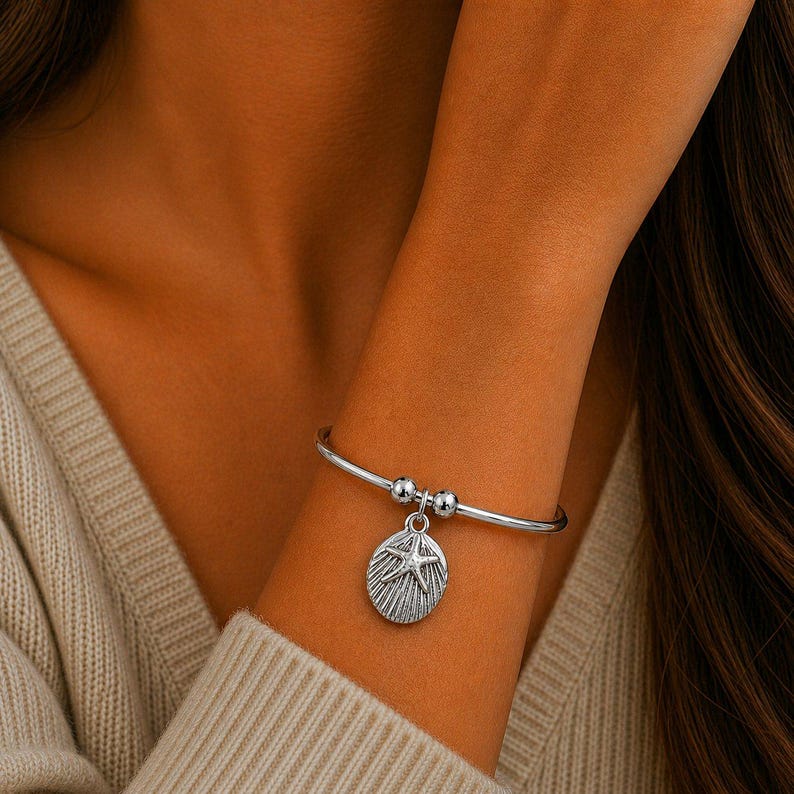 A Walk on the Beach Euro Bangle Cuff, Silver - - LadybugfeetDesigns -
