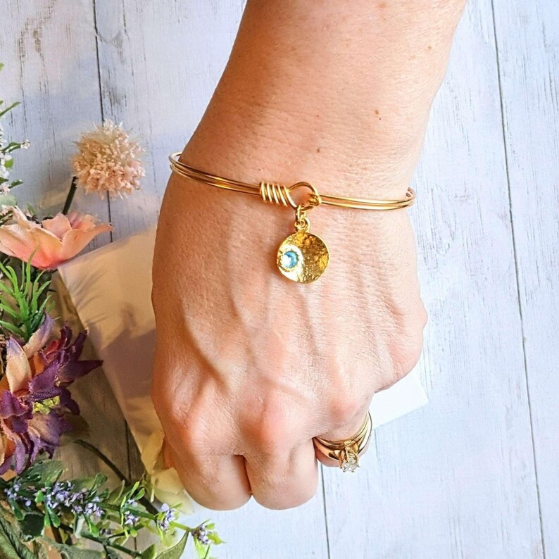 Gold Birthstone Cuff bangle, European Charm Bracelet - - LadybugfeetDesigns -