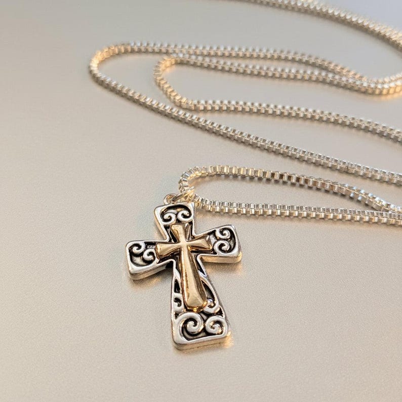 Two Tone Fancy Cross Necklace, Sterling Silver- 24 inches - - LadybugfeetDesigns -