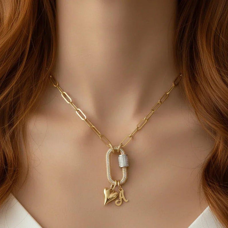Gold Initial Heart Carabiner Necklace - 20 inch - - LadybugfeetDesigns -