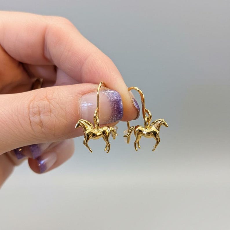 Horse dangle earrings, Gold - - LadybugfeetDesigns -