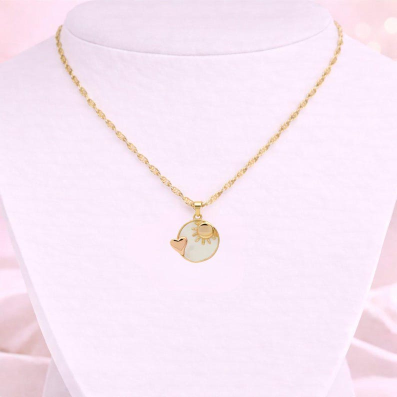 Pearl Shell Heart Sun necklace, Gold- 20 inch - - LadybugfeetDesigns -