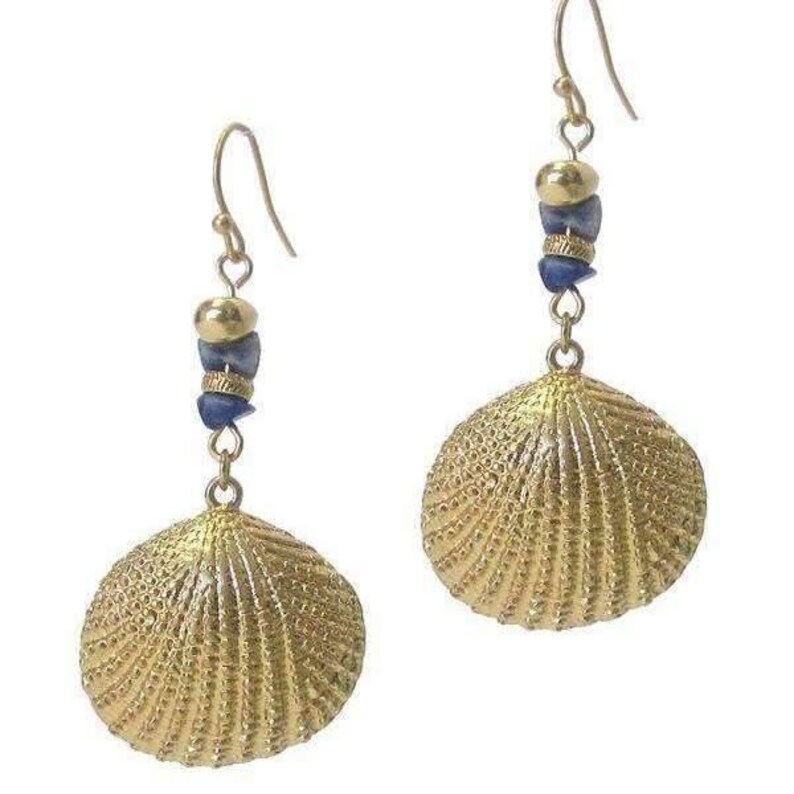 Sea Shell beaded dangle earrings, gold - - LadybugfeetDesigns -