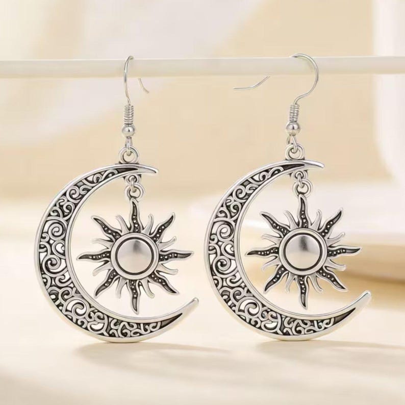 Large Filigree Crescent Moon Sun Hook Earrings, Silver - - LadybugfeetDesigns -