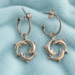 Dolphin Trio Hoop earrings, Silver - 16mm - - LadybugfeetDesigns -