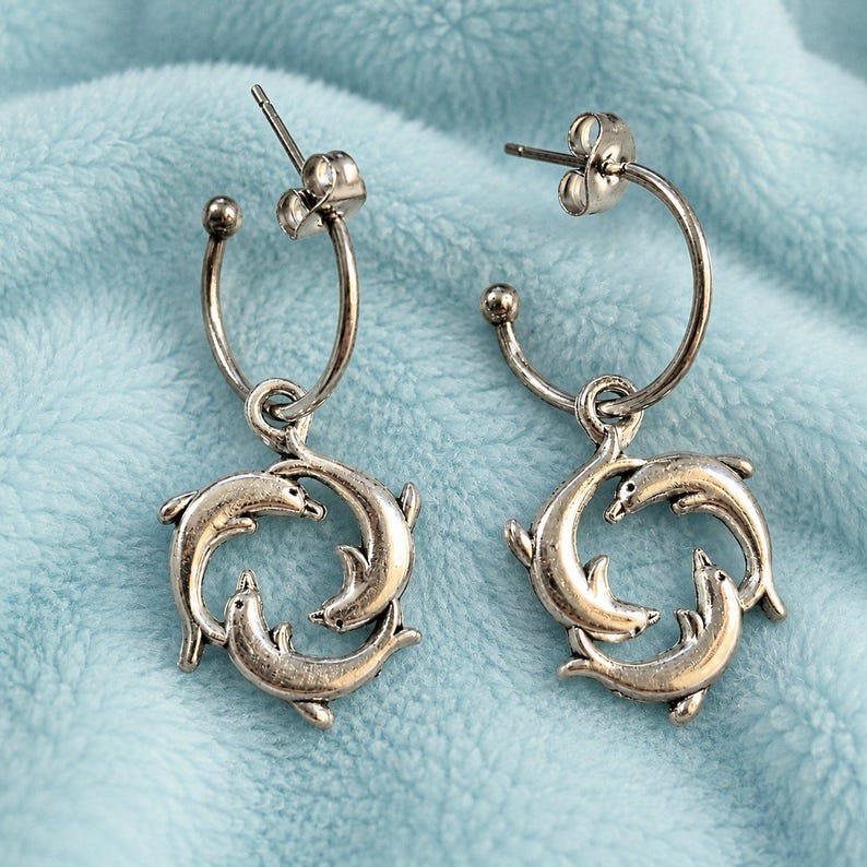 Dolphin Trio Hoop earrings, Silver - 16mm - - LadybugfeetDesigns -