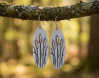Rustic Cattail/Foxtail Hook Earrings, Silver