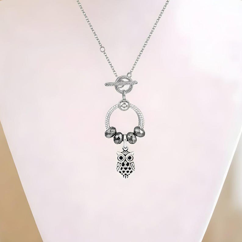 Pretty Owl Sterling Silver Toggle Charm Necklace, 20 inches - - LadybugfeetDesigns -