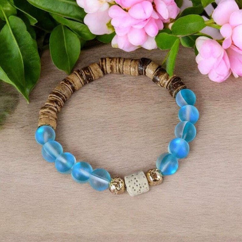 Iridescent Blue Mystic Aura Quartz Gemstone Diffuser bracelet - - LadybugfeetDesigns -
