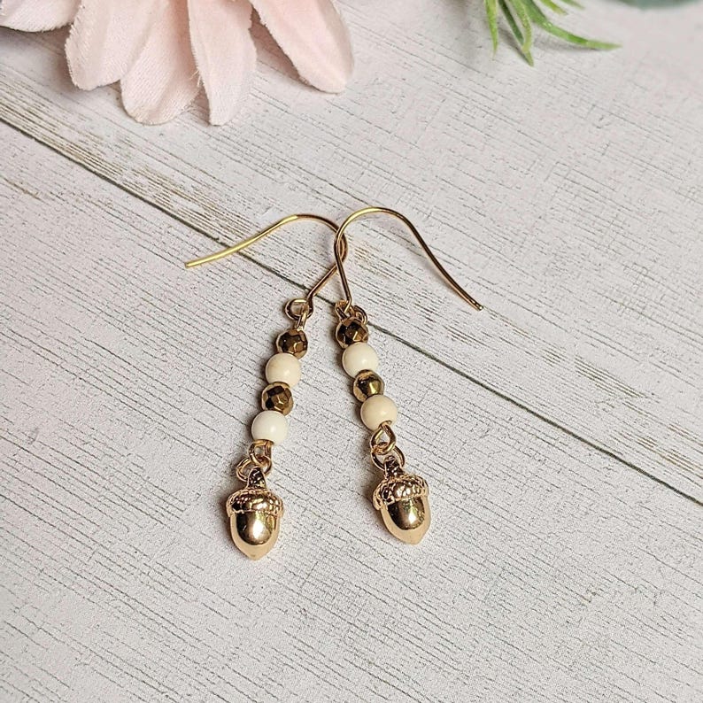 Gold Acorn Stainless Steel gold hook earrings - - LadybugfeetDesigns -