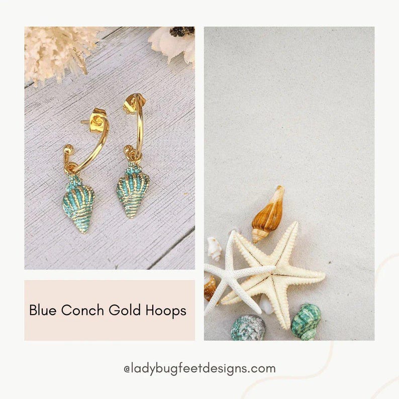 Sea Blue Conch Seashell hoop earrings, Gold - 16mm - - LadybugfeetDesigns -
