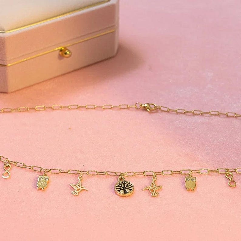 Nature Vibes Multi Charm Link Necklace, Gold- 20 inch - - LadybugfeetDesigns -