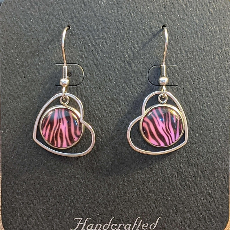 Pink Tiger Print Stainless Steel Heart hook earrings - - LadybugfeetDesigns -