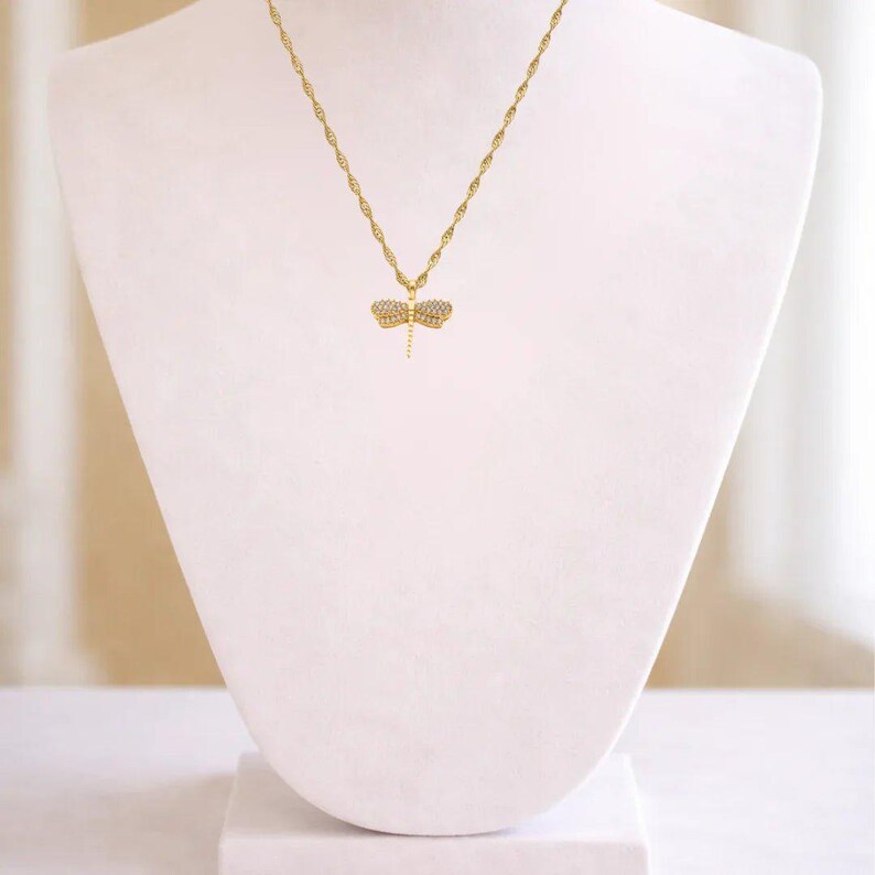 Sparkly Dragonfly necklace, Gold- 20 inch - - LadybugfeetDesigns -