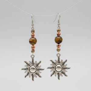 Celestial Sun Tiger's Eye Beaded Hook Earrings, Silver - - LadybugfeetDesigns -
