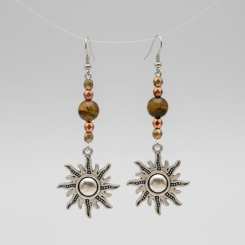 Celestial Sun Tiger's Eye Beaded Hook Earrings, Silver - - LadybugfeetDesigns -