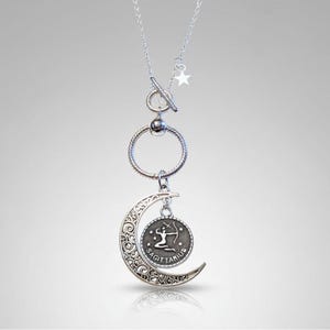 Crescent Moon Zodiac Sign Necklace, Silver - 20 inch - - LadybugfeetDesigns -