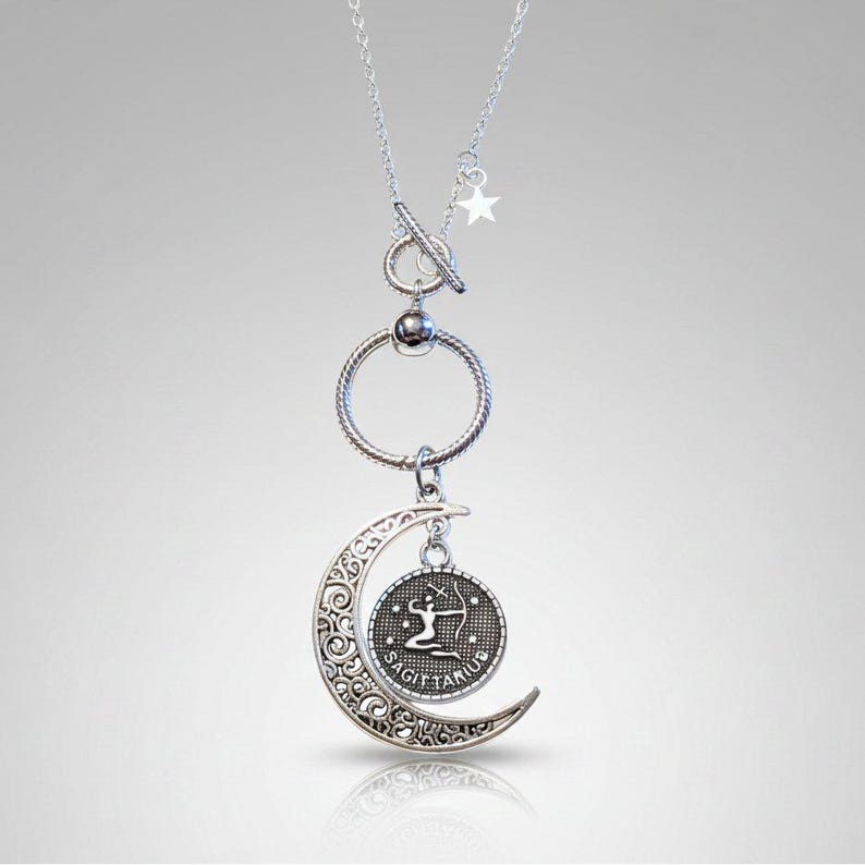 Crescent Moon Zodiac Sign Necklace, Silver - 20 inch - - LadybugfeetDesigns -