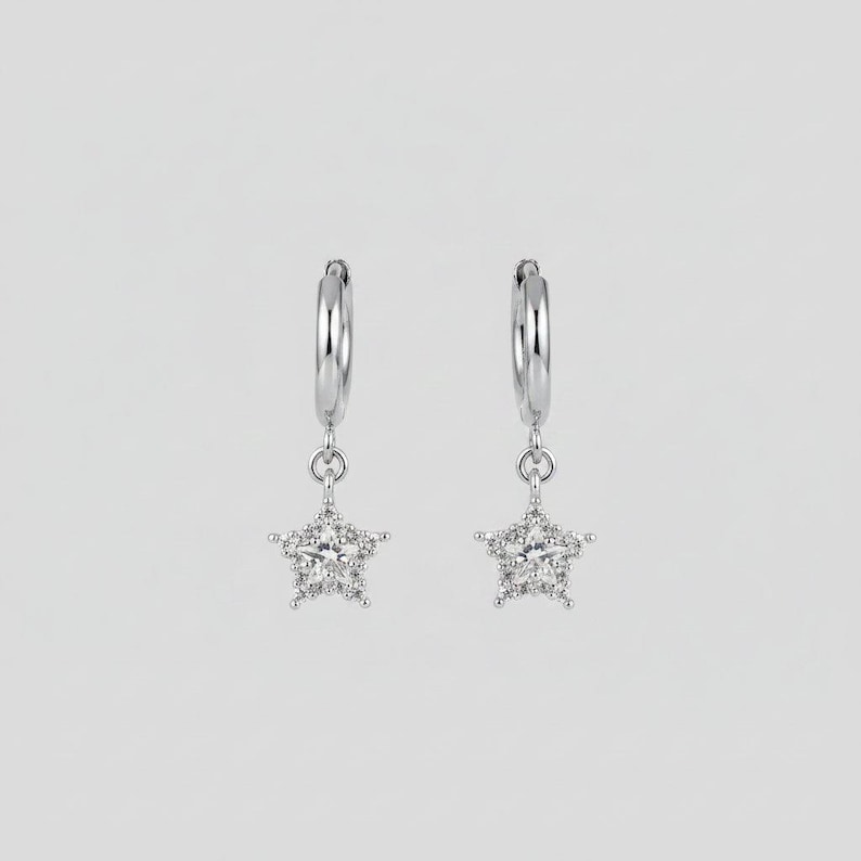 Sparkly CZ Star Hoop earrings, Silver - 10mm - - LadybugfeetDesigns -