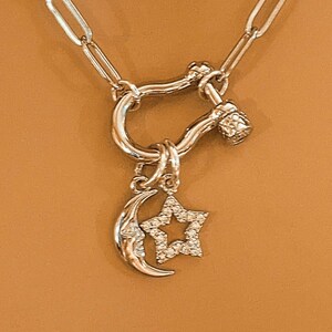 Celestial Moon CZ Star Shackle Clasp Carabiner Necklace, Silver - 20 inch - - LadybugfeetDesigns -