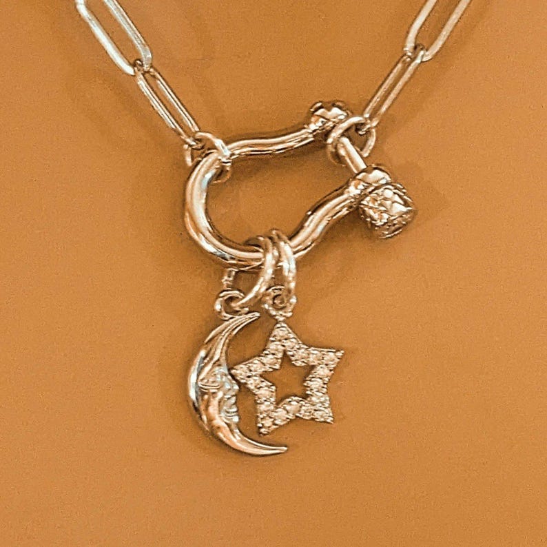 Celestial Moon CZ Star Shackle Clasp Carabiner Necklace, Silver - 20 inch - - LadybugfeetDesigns -
