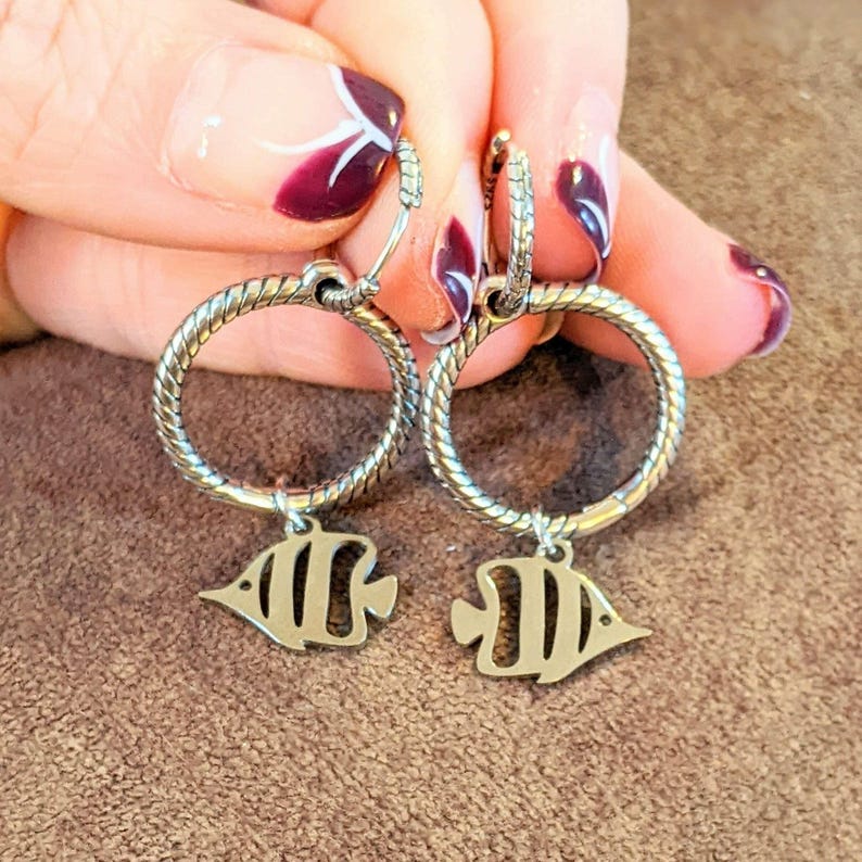 Sterling Double Hoop Tropical Fish Earrings, 3 in 1 Hoops - - LadybugfeetDesigns -