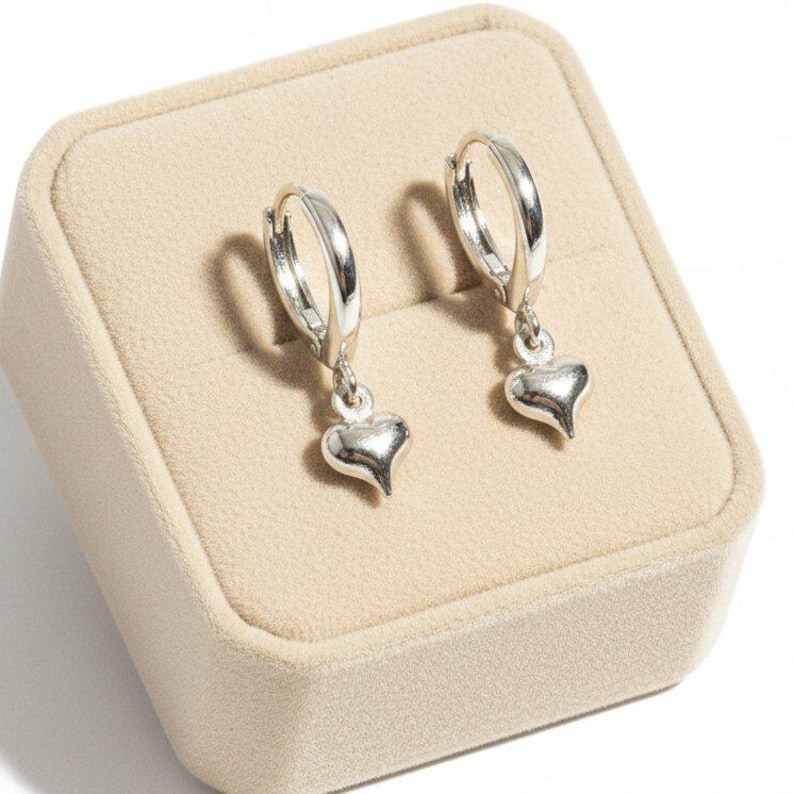 Silver Heart Huggie Hoop earrings, 15mm Hoop Drop - - LadybugfeetDesigns -
