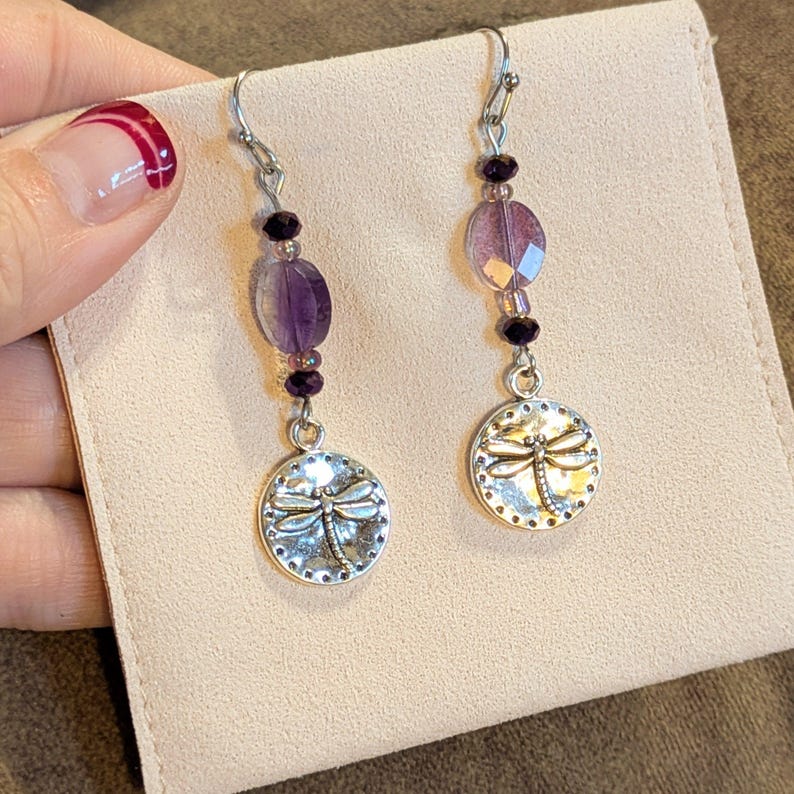 Fluorite Dragonfly Beaded Hook Earrings, Silver - - LadybugfeetDesigns -