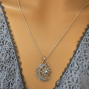 Filigree Crescent Moon Sun Necklace, Sterling Silver- 24 inches - - LadybugfeetDesigns -
