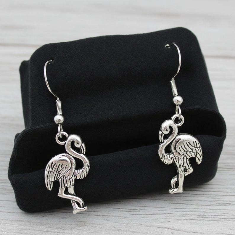 Silver Flamingo hook earrings - - LadybugfeetDesigns -
