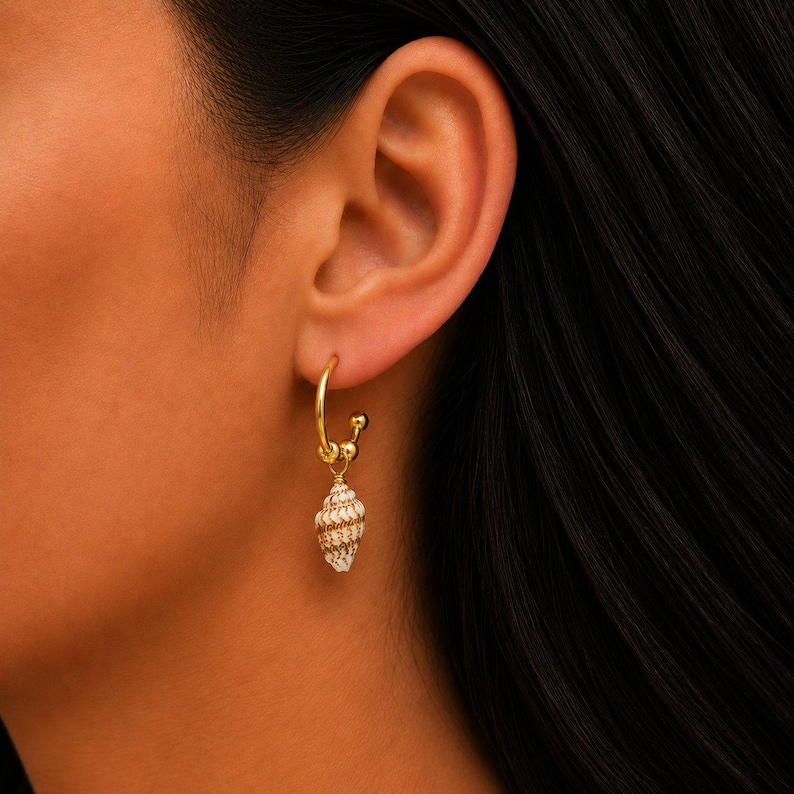 Genuine Conch Shell Hoop Earrings, Gold - 16mm - - LadybugfeetDesigns -