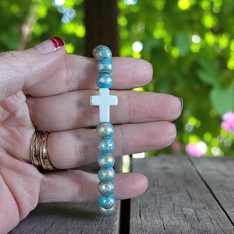 Aqua Silver Gold Beaded Cross Stretch bracelet - - LadybugfeetDesigns -