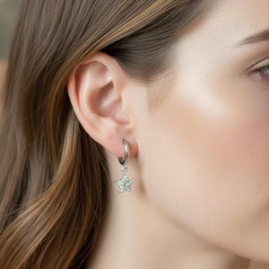 Sparkly CZ Star Hoop earrings, Silver - 10mm - - LadybugfeetDesigns -