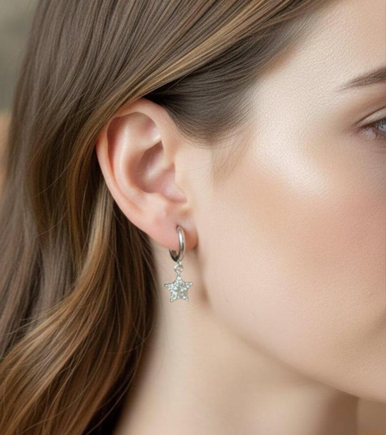 Sparkly CZ Star Hoop earrings, Silver - 10mm - - LadybugfeetDesigns -