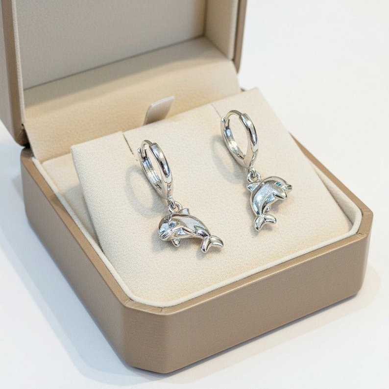 Dolphin Huggie Hoop earrings, Silver - 15mm - - LadybugfeetDesigns -