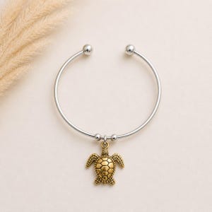 Two Tone Sea Turtle Euro Bangle Cuff, Silver - - LadybugfeetDesigns -