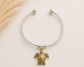 Two Tone Sea Turtle Euro Bangle Cuff, Silver