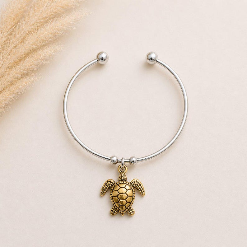 Two Tone Sea Turtle Euro Bangle Cuff, Silver - - LadybugfeetDesigns -