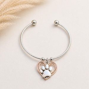 Paw Heart Euro Bangle Cuff, Silver - - LadybugfeetDesigns -