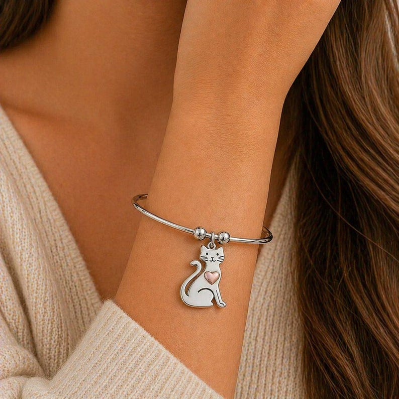 Cute Cat Euro Bangle Cuff, Silver - - LadybugfeetDesigns -