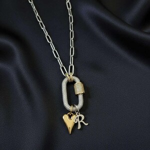 Silver Initial Heart Carabiner Necklace - 20 inch - - LadybugfeetDesigns -