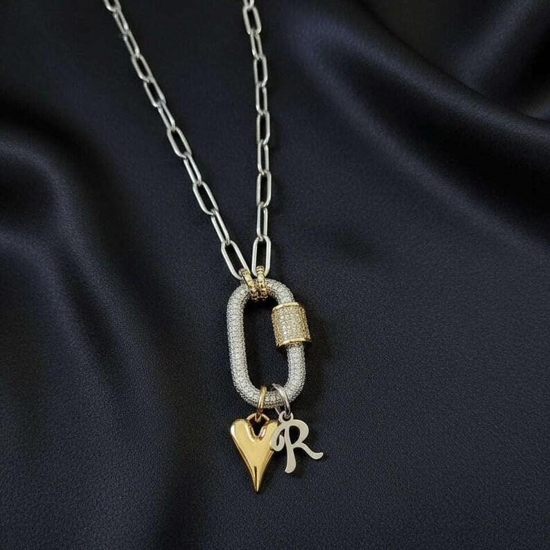 Silver Initial Heart Carabiner Necklace - 20 inch - - LadybugfeetDesigns -