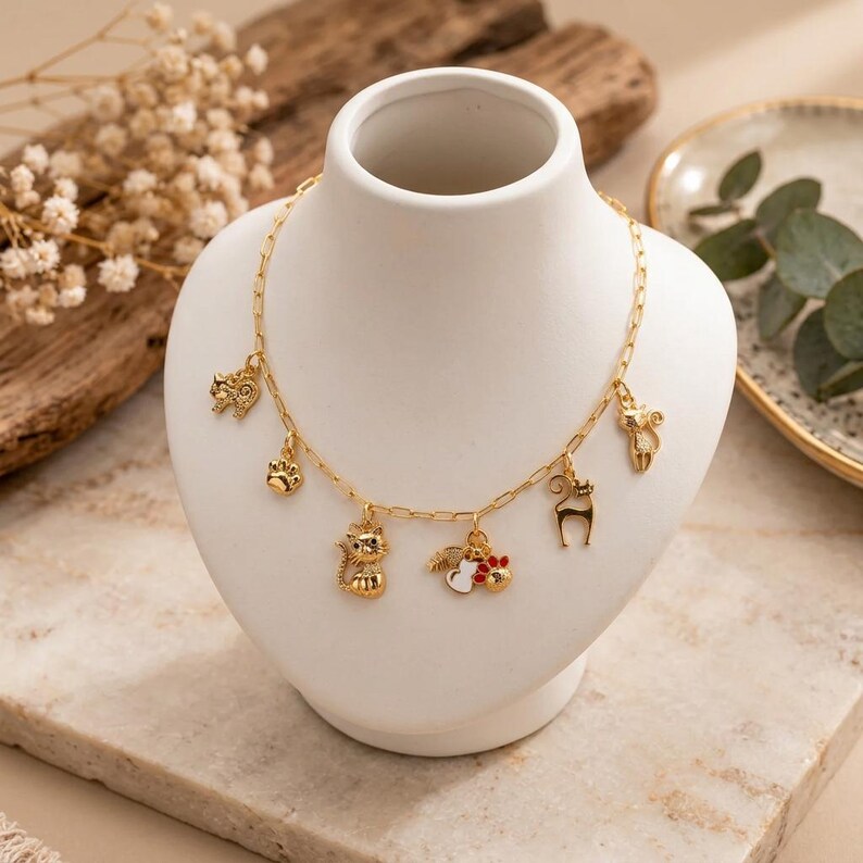 Feline Persuasion Multi Charm Link Necklace, Gold- 20 inch - - LadybugfeetDesigns -
